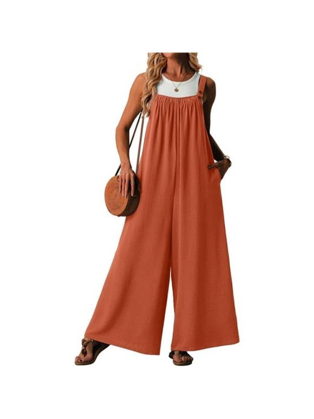 Women Orange Casual Jumpsuit Wide Leg Sleeveless Flowy